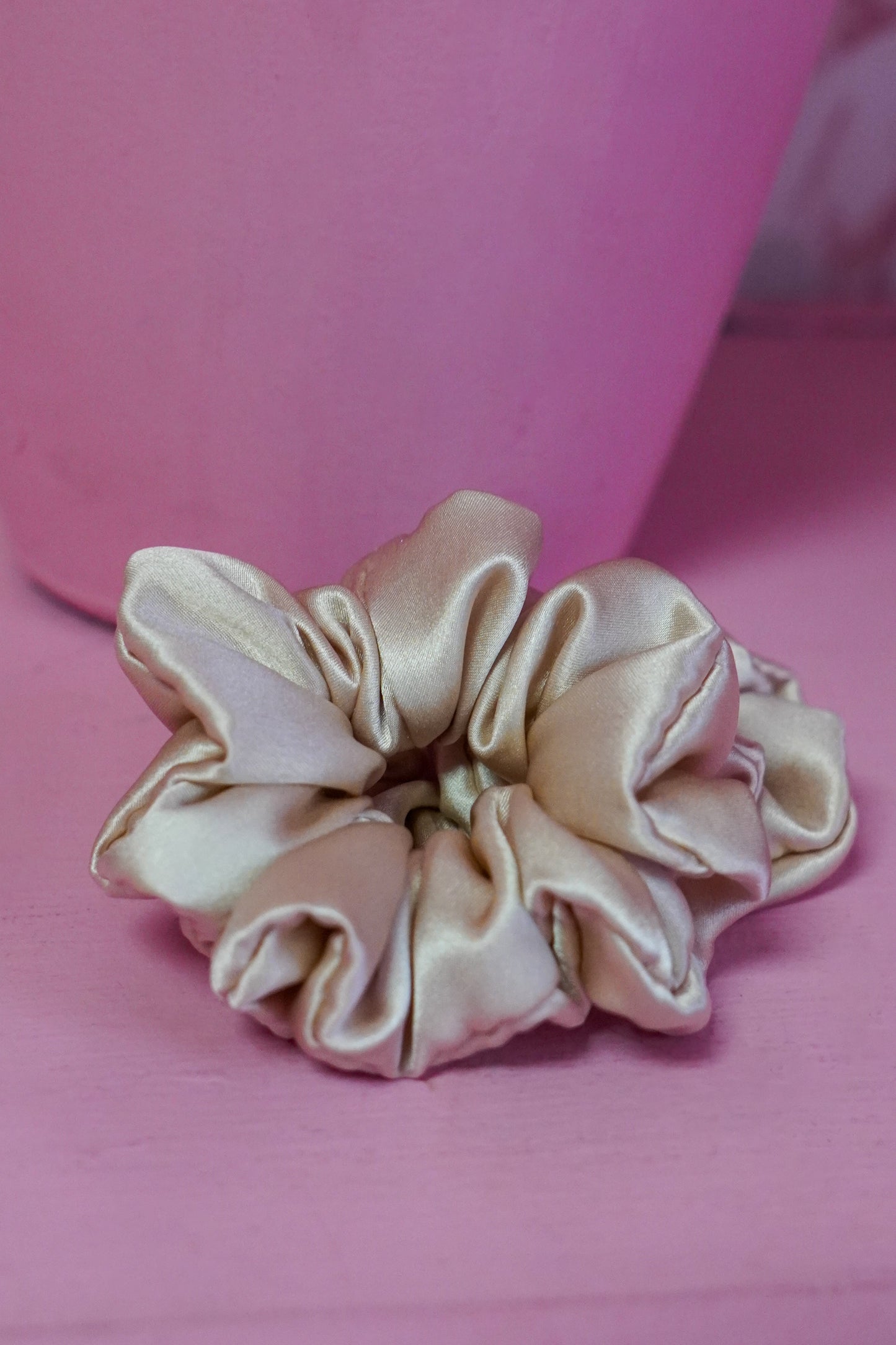 PINK CHAMPAGNE SILK HANDMADE SCRUNCHIES - SEWN BY CHLOE