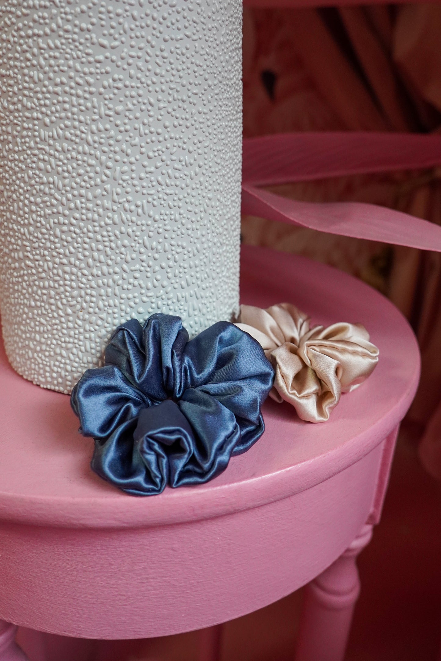 PINK CHAMPAGNE SILK HANDMADE SCRUNCHIES - SEWN BY CHLOE