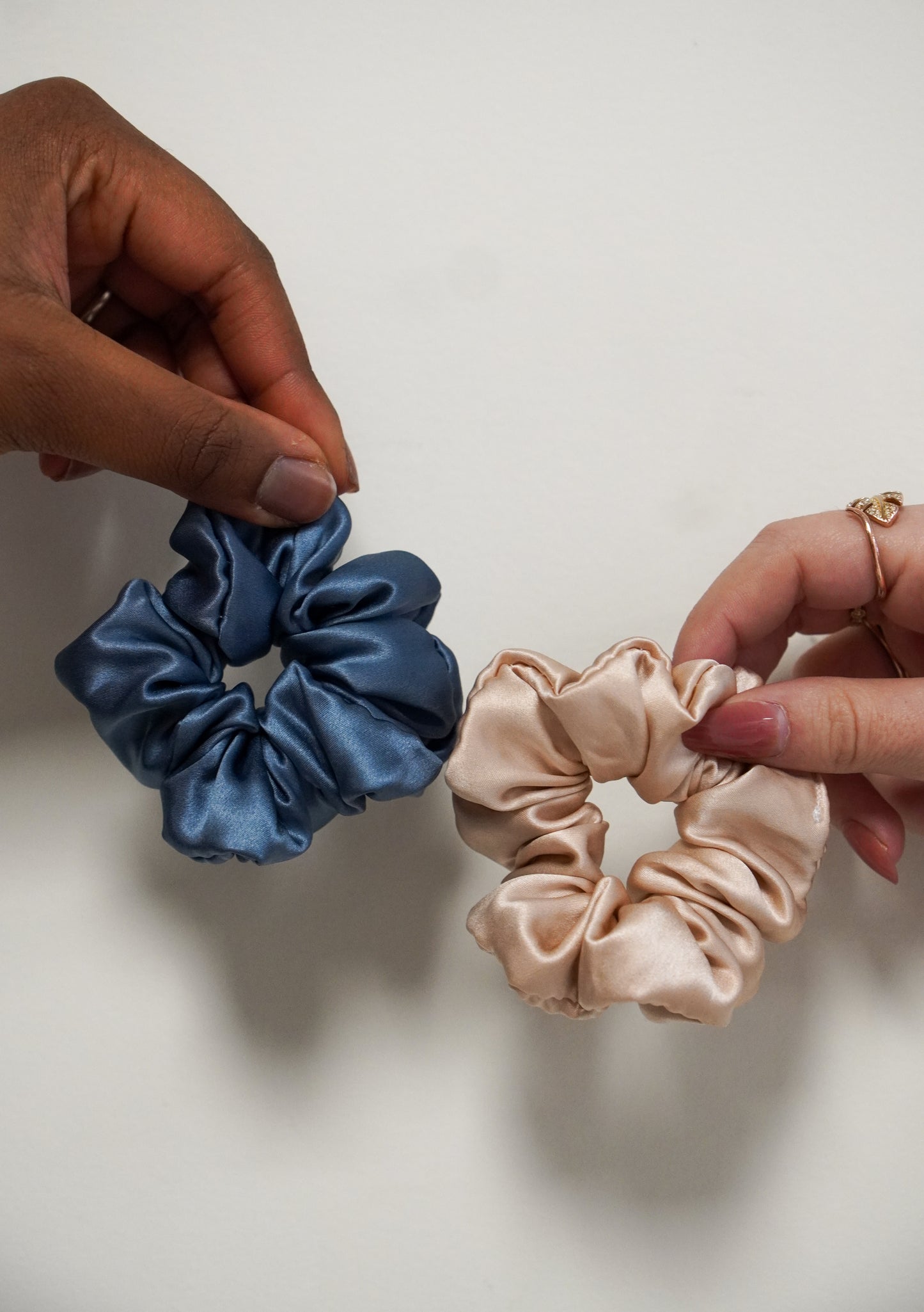 PINK CHAMPAGNE SILK HANDMADE SCRUNCHIES - SEWN BY CHLOE